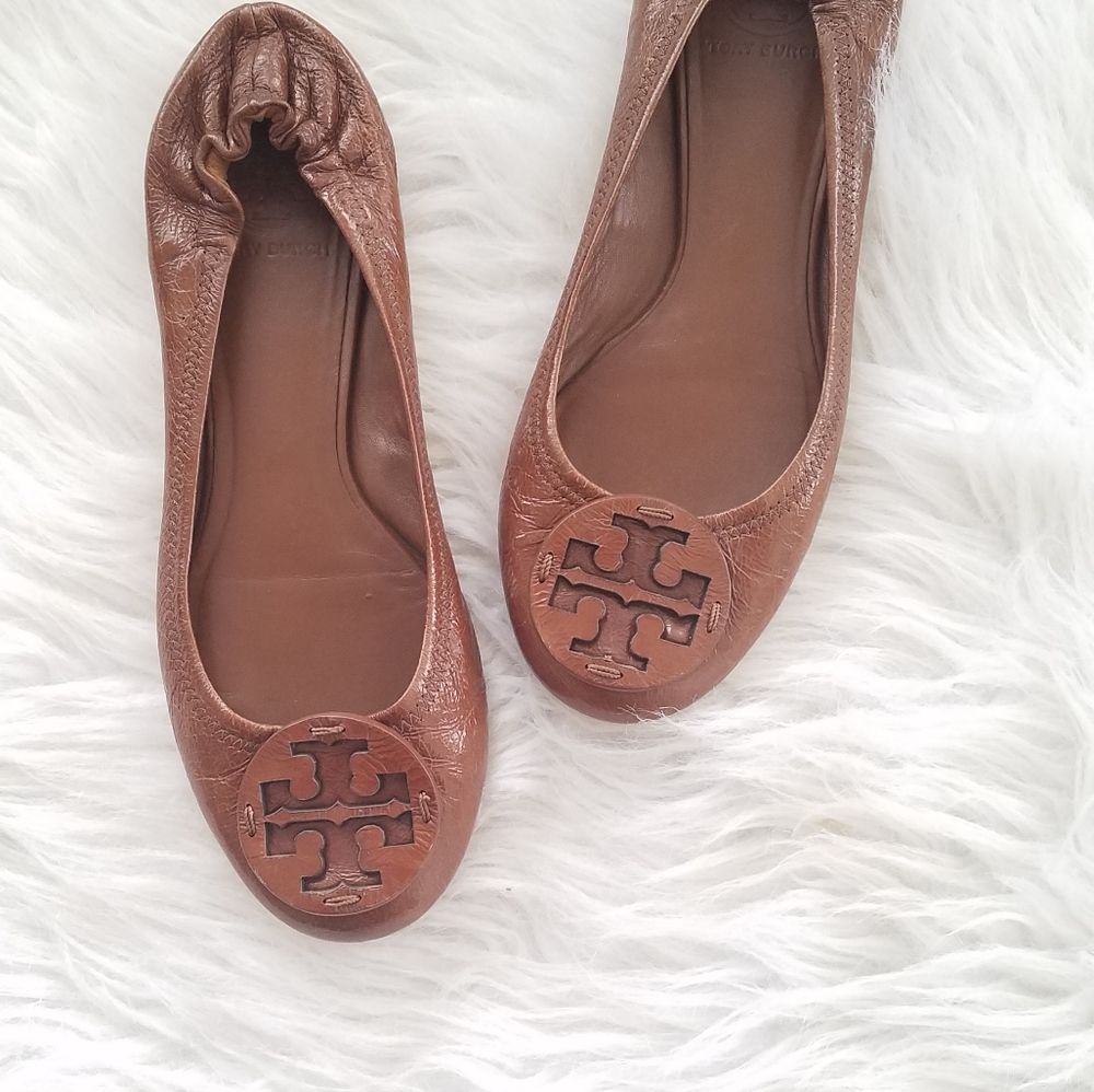 Brown Tory Burch Logo Flats 8.5